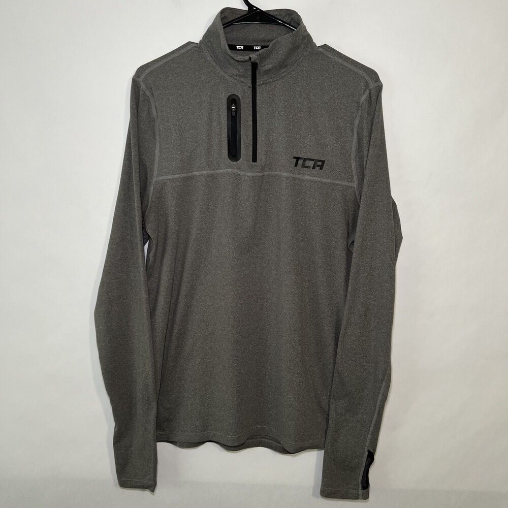 TCA 1/4 Zip Athletic Pullover Mens Size S Small Gray Thumb Holes Long Sleeve